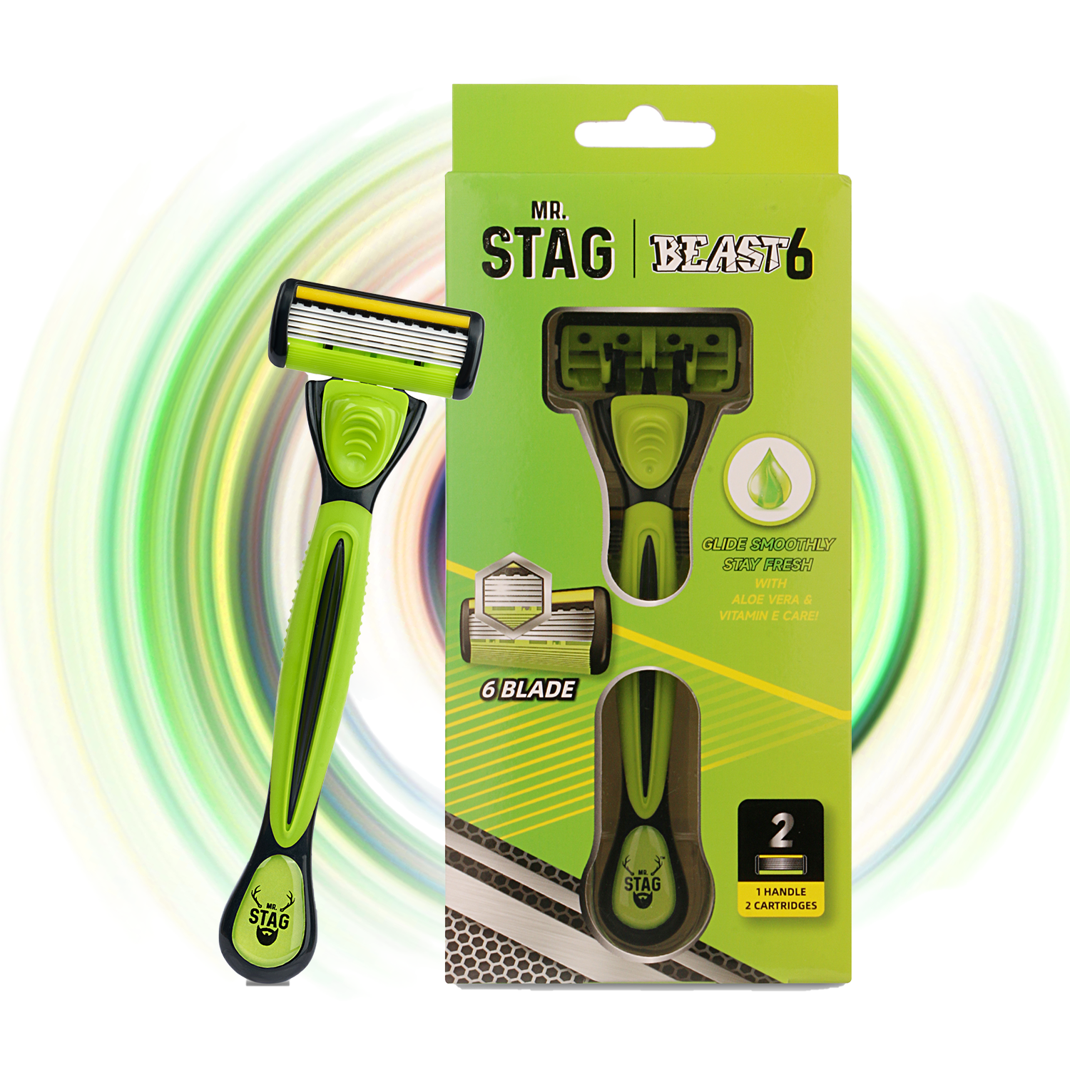 Mr. Stag Beast 6-Edge Razor for Men with 1 Handle & 2 Cartridges, Aloe Vera & Vitamin E (Pack of 1)